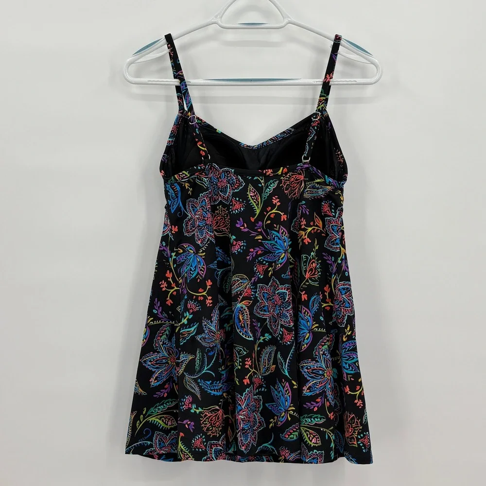 Womens Floral‎ Swim Dress Black Multicolor Adjustable Straps Empire Waist NWOT